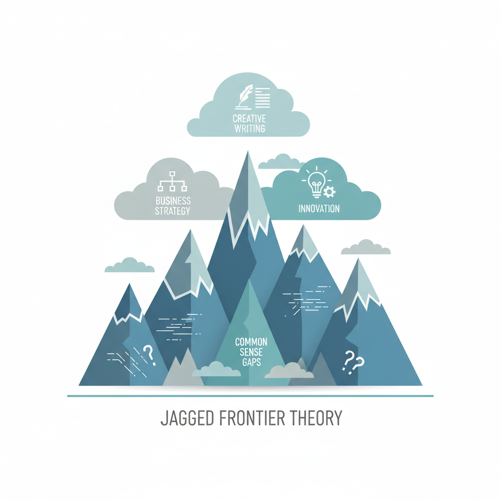 A conceptual illustration of a jagged mountain range representing AI capabilities, with some peaks touching high-level business strategy and valleys missing basic common sense, flat vector style.