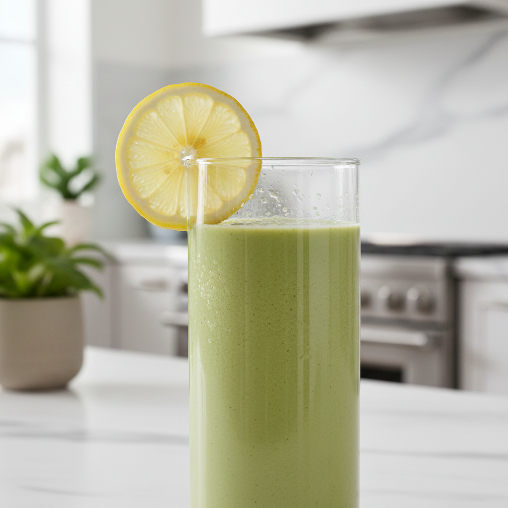 A glass of creamy green smoothie with a slice of lemon on top, minimalist aesthetic, bright kitchen background