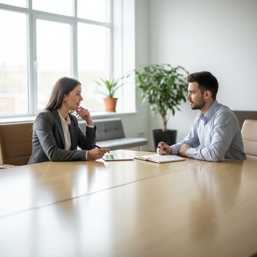 A professional manager having a serious but calm 1-on-1 feedback session with a team member in a modern office, cinematic lighting, photorealistic