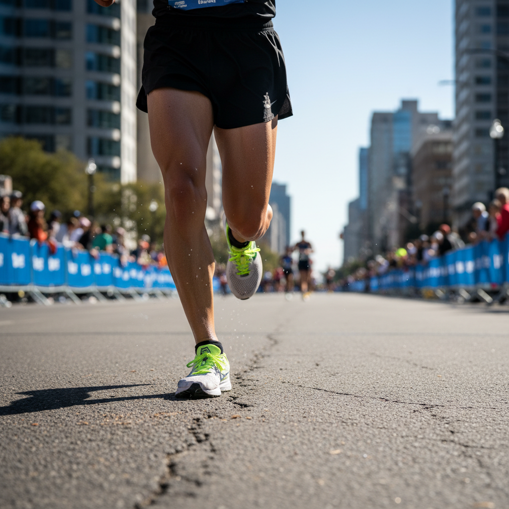 A runner struggling with heavy legs at the 15km mark of a marathon, cinematic lighting, dramatic expression, city marathon background