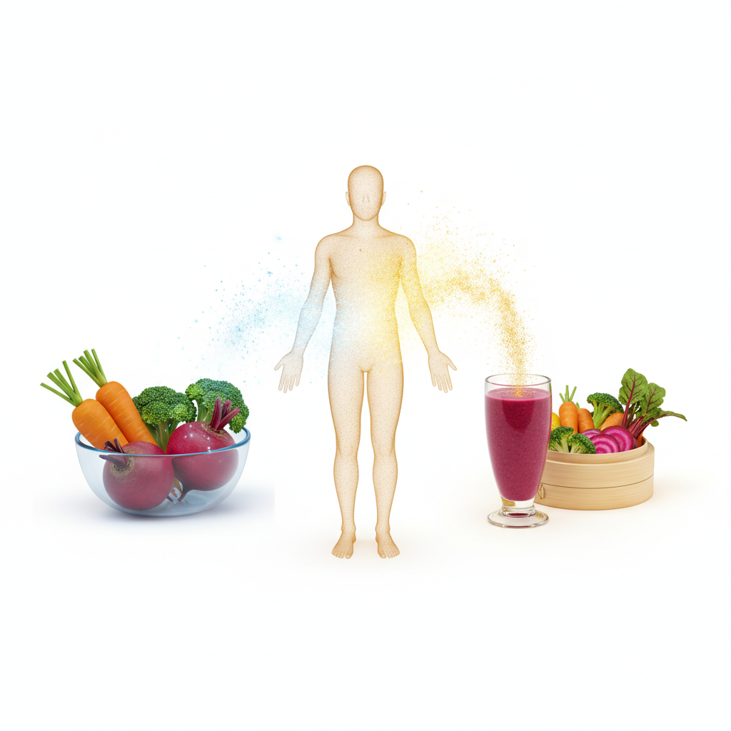 Infographic showing the difference in nutrient absorption between raw vegetables (15%) and steamed/blended vegetables (90%) with vibrant colors