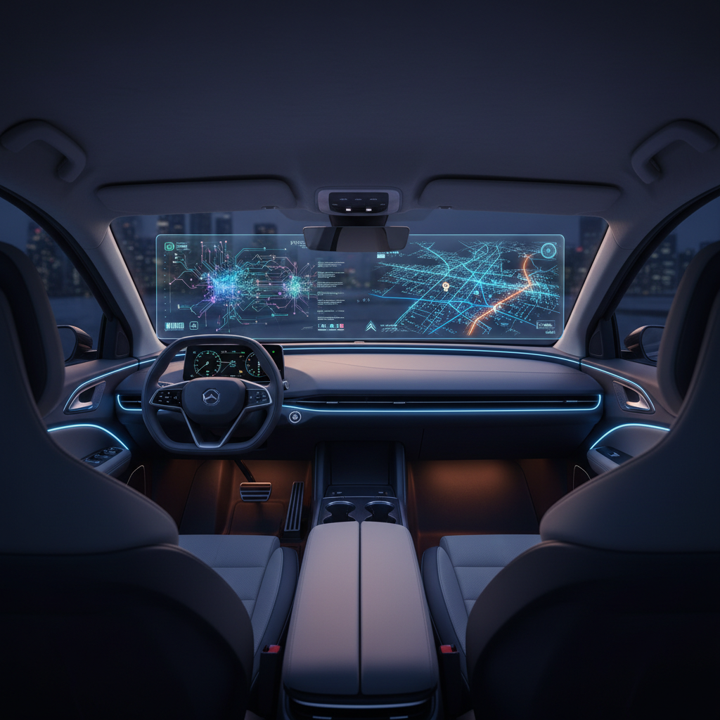 A high-tech electric vehicle interior with a massive holographic display showing complex AI neural networks and city navigation data, cinematic lighting