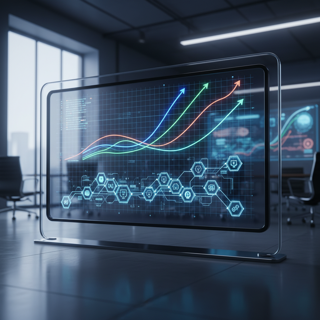 A futuristic digital dashboard showing exponential growth curves and AI agent icons operating in a network, cinematic lighting, high-tech office background