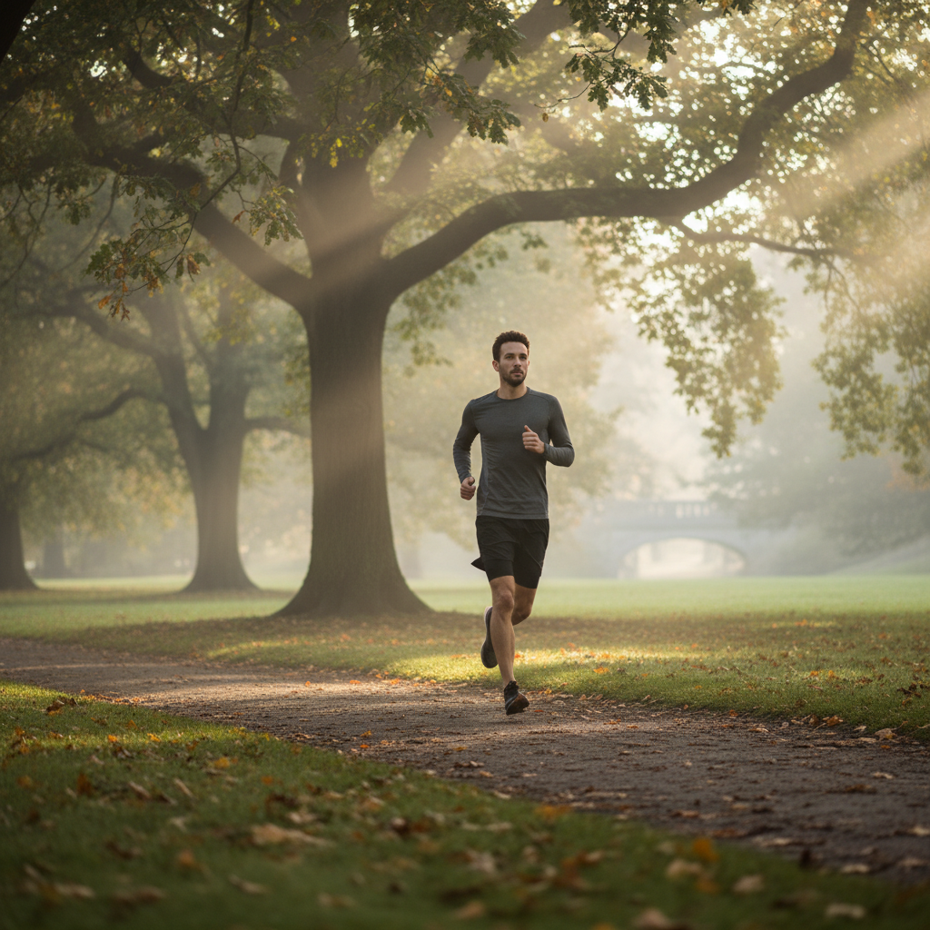 A focused runner in minimalist athletic wear jogging through a misty morning park, soft sunlight filtering through trees, cinematic photography with high detail