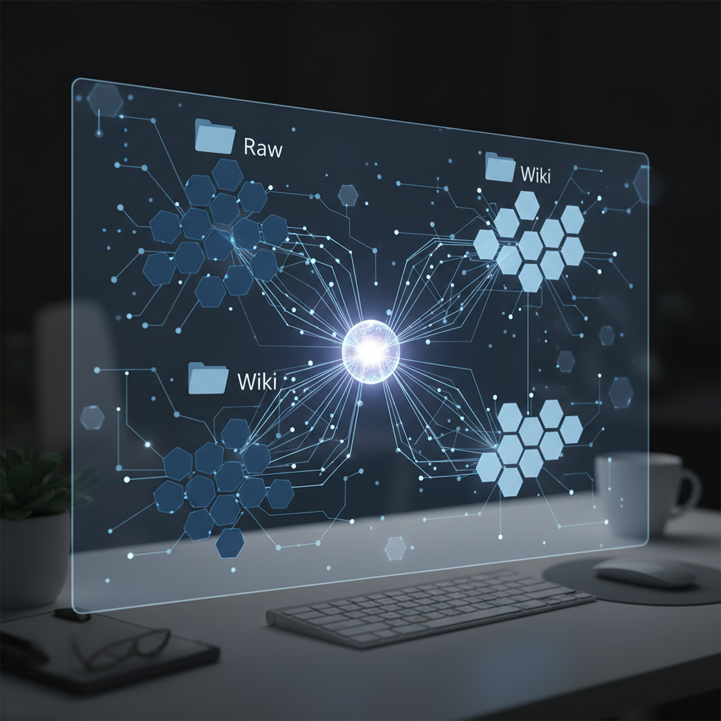 A clean digital workspace showing a folder structure with Raw and Wiki categories, connected by glowing lines representing AI analysis, obsidian graph view style