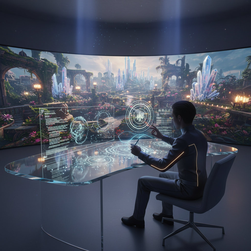 A visionary artist using a futuristic AI interface to generate complex 3D environments, blending traditional sketching with digital data particles, cinematic lighting, high resolution