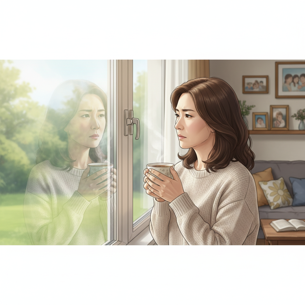 A middle-aged person looking out a window thoughtfully while holding a coffee cup, soft morning light, peaceful domestic setting, representing reflection on family and self