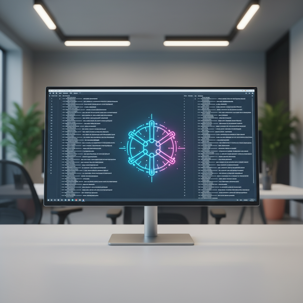 A clean, minimalist 65-line markdown file displayed on a high-tech monitor, with a glowing digital harness symbol overlay, representing controlled AI power in a modern software development office.
