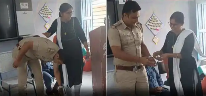 पुलिस ऑफिसर बनकर अपने स्कूल गया तो टीचर रह गईं दंग, पैर छुए तो खुशी से दिया 1100 रुपये का इनाम,,देखे वीडियो,,,।