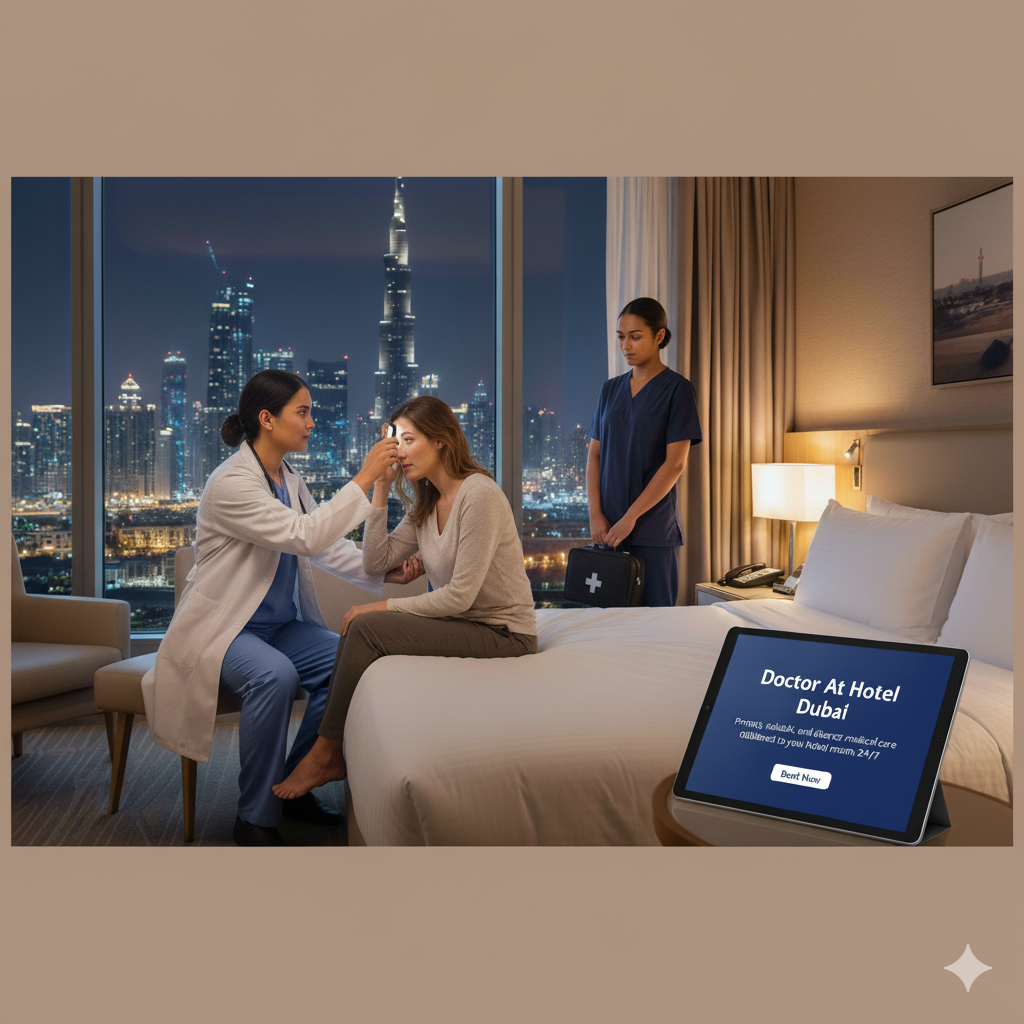 A compassionate doctor attending to a guest in a hotel room setting