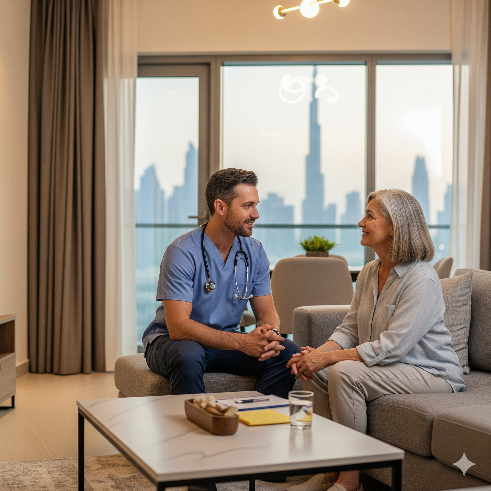 A doctor providing care to a patient at home.