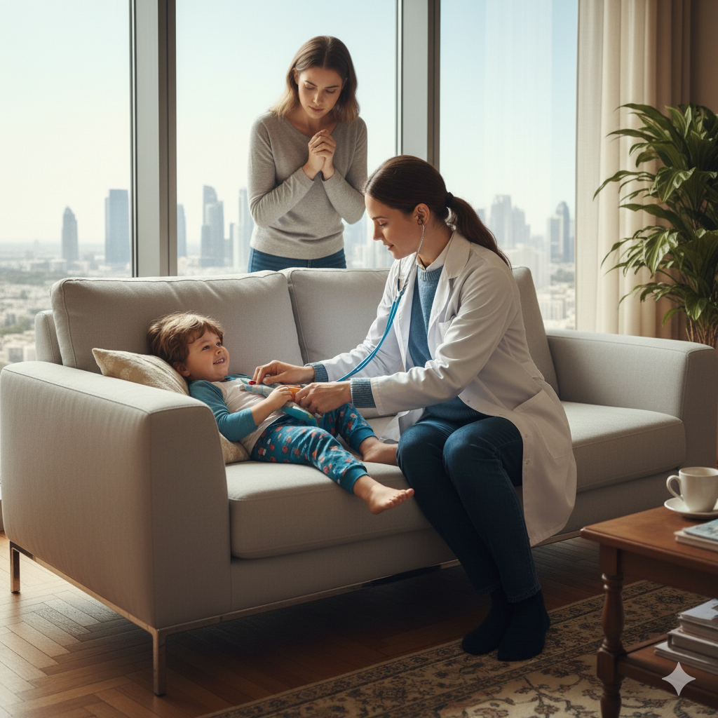 A doctor providing a consultation to a patient in their living room.