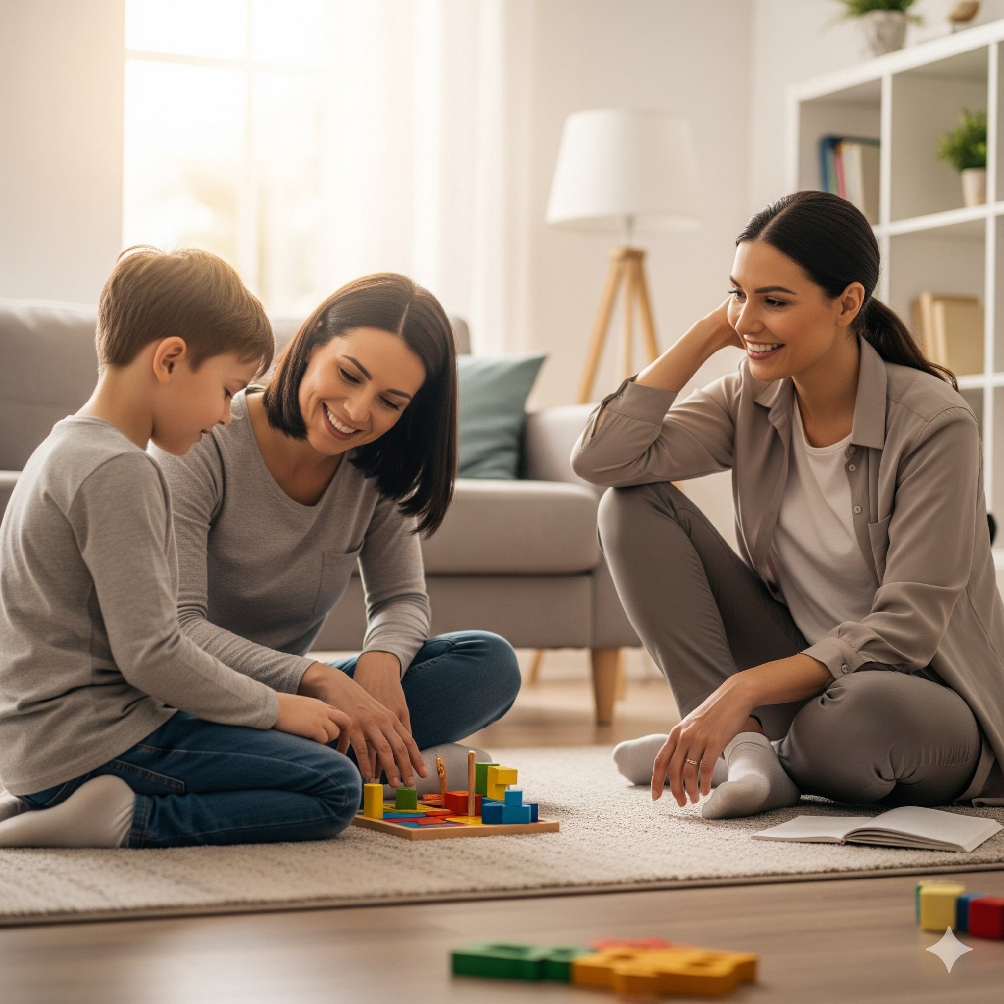 Therapist and child playing in a home environment
