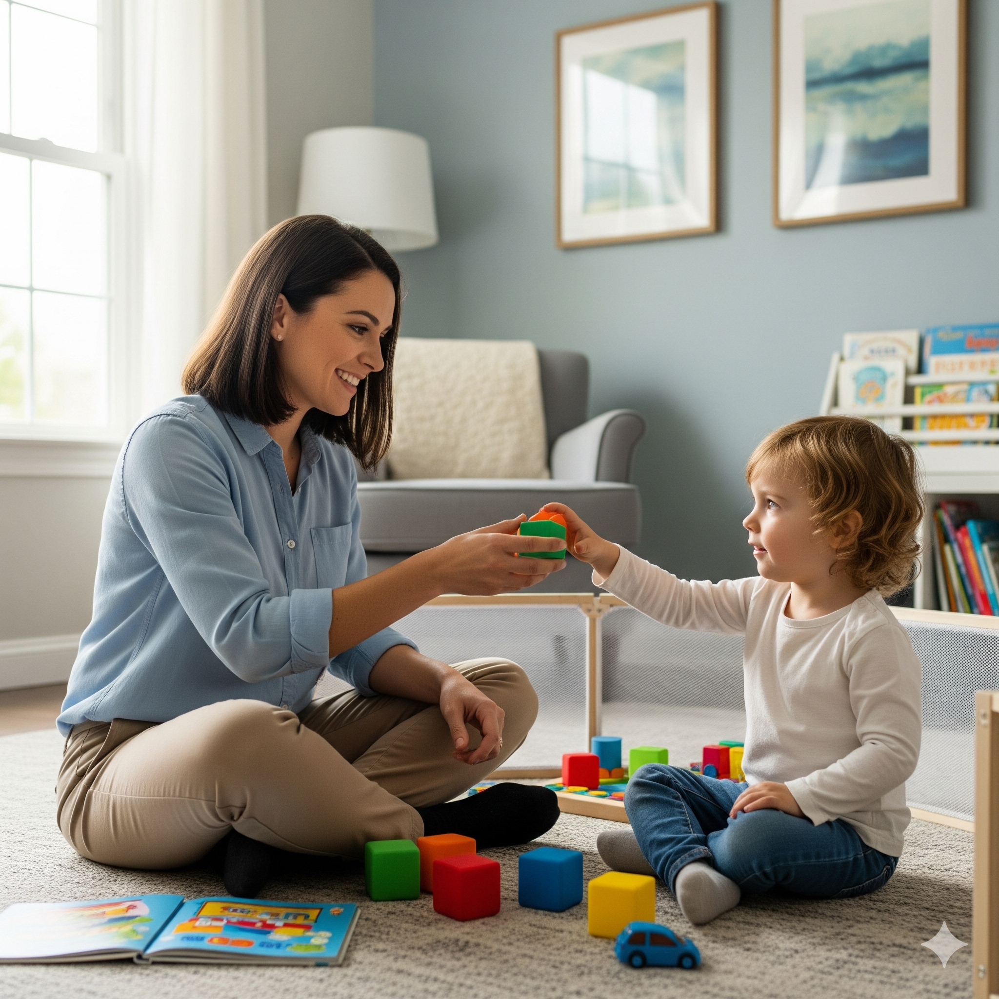 A therapist and a child working together with colorful blocks.