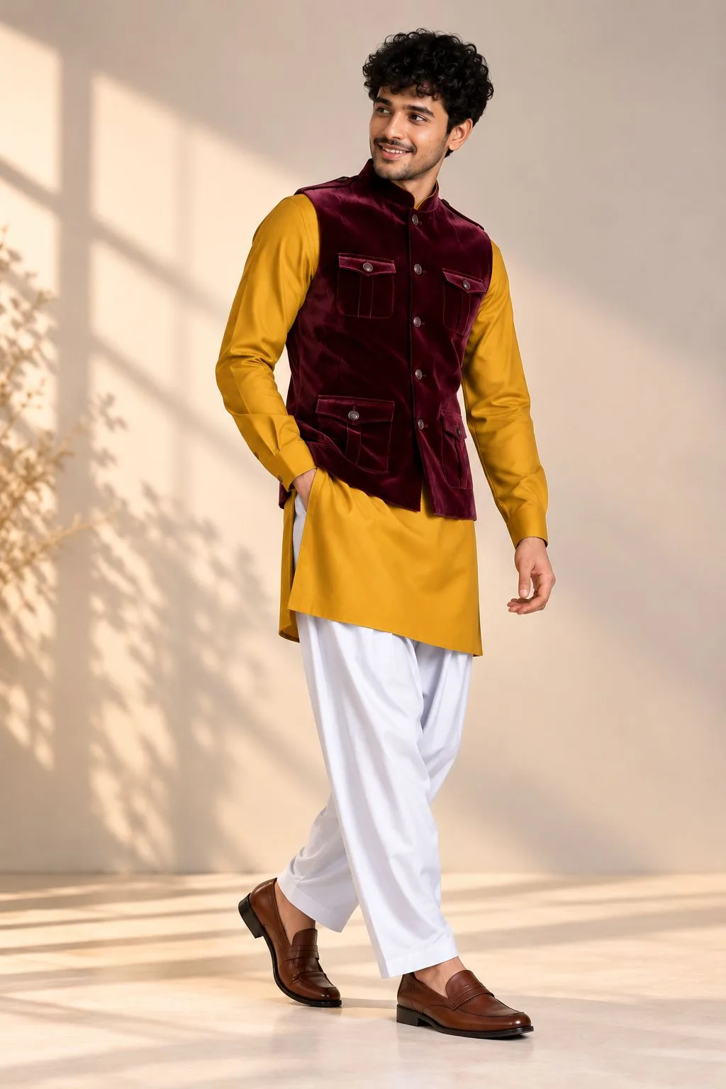 Mustard Kurta Pajama Set with Maroon Velvet Sadri – front view