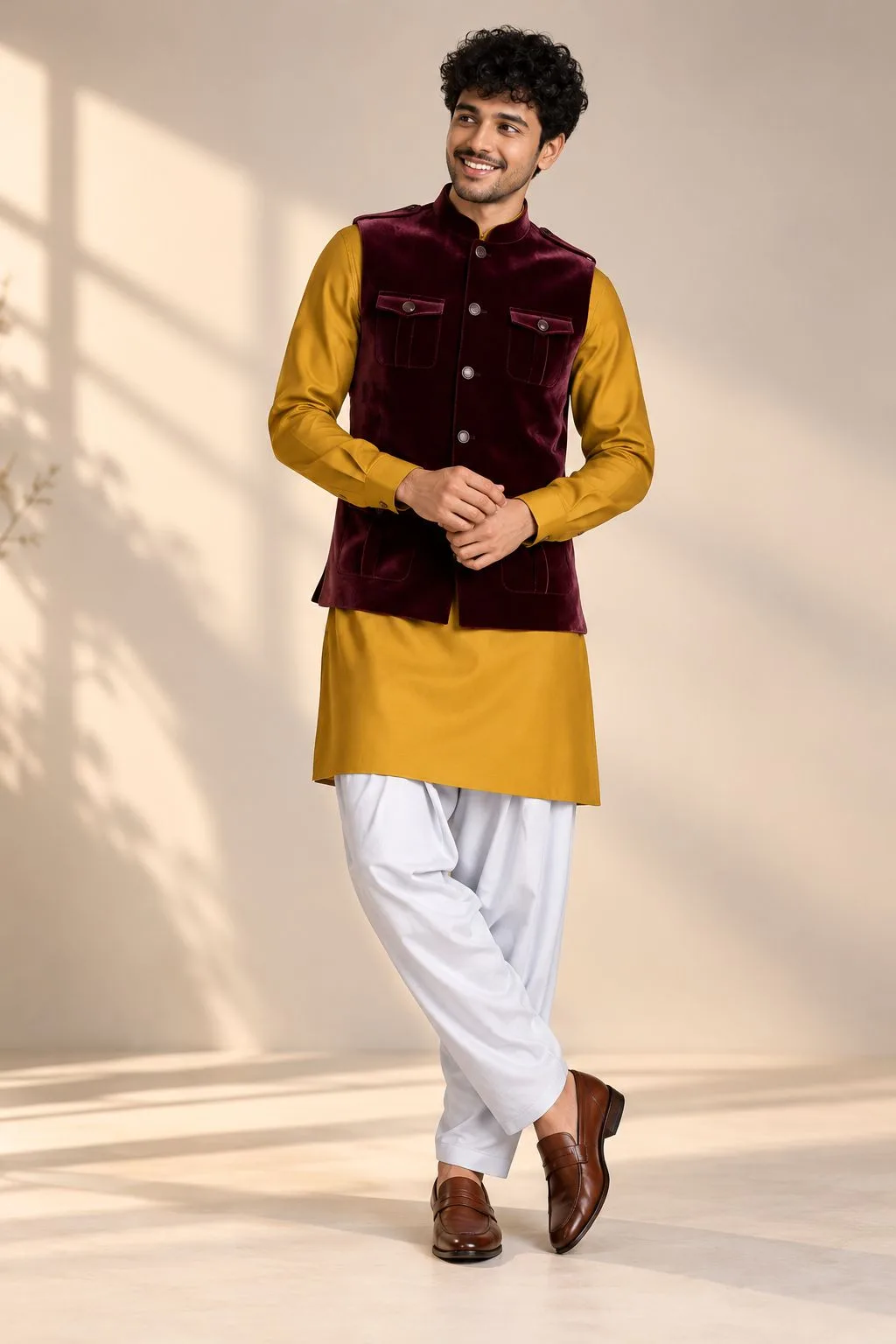 Mustard Kurta Pajama Set with Maroon Velvet Sadri – view 2