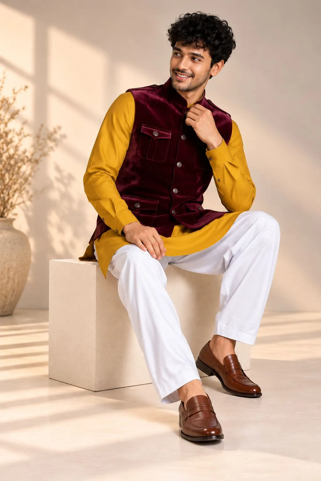 Mustard Kurta Pajama Set with Maroon Velvet Sadri – view 3