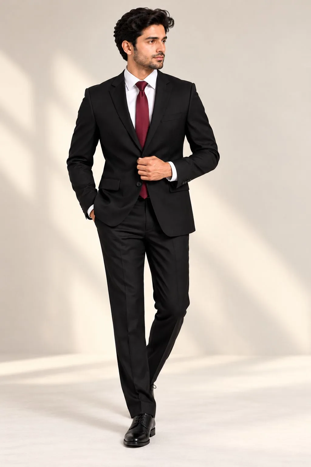 Black formal suit with matching trousers and white shirt for men, tailored business wear