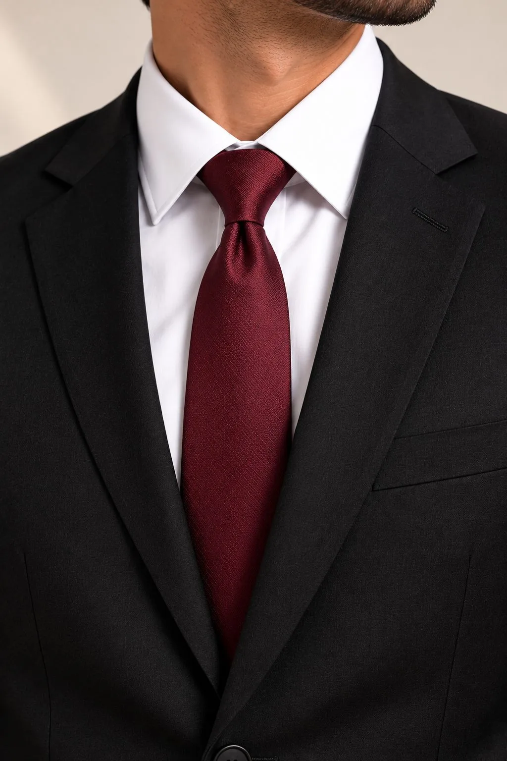 Close-up of black formal suit lapels and white shirt with burgundy tie as a styling accessory, tie not included