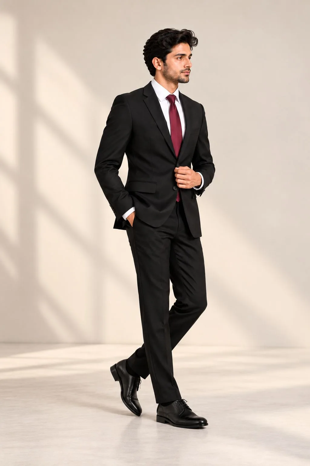 Men's black tailored formal suit with white shirt, full-body three-quarter view