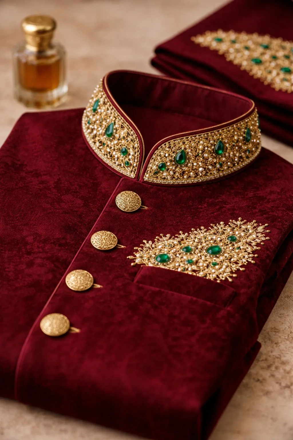 Royal Maroon Red Velvet Nehru Jacket – front view