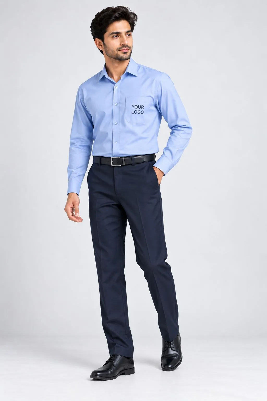 Sky blue formal shirt and navy blue trousers uniform with custom company logo, front view