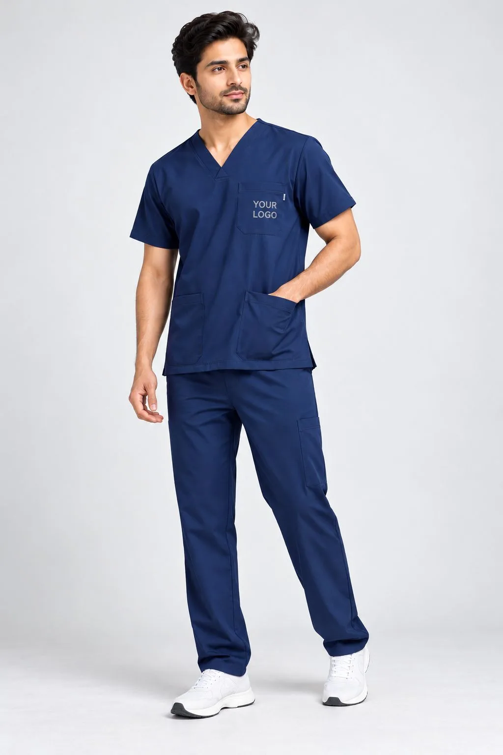Navy blue medical scrub suit with custom logo embroidery, front view for doctors and nurses