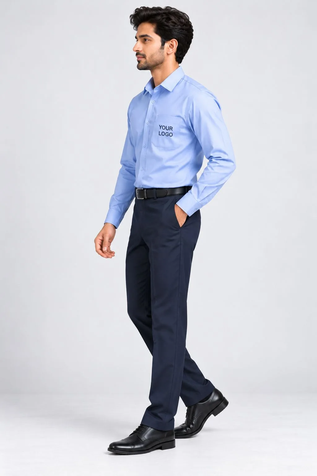 Sky blue formal shirt and navy blue trousers uniform with custom company logo, side view