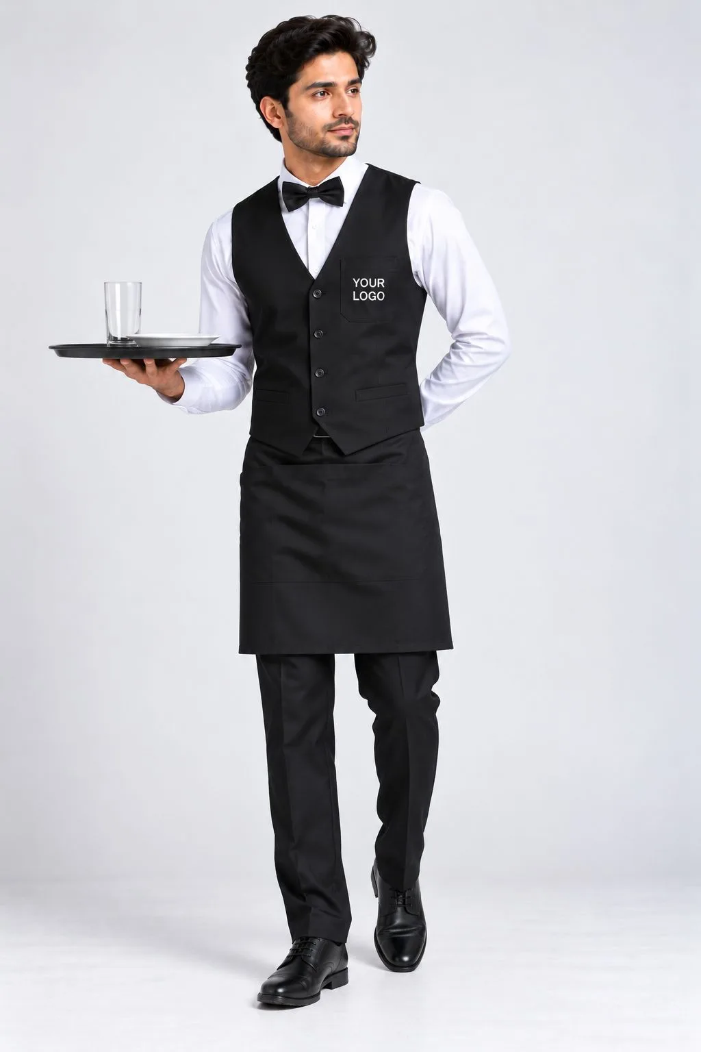 Black waiter uniform with white formal shirt, waistcoat, apron and bow tie, front view with custom logo