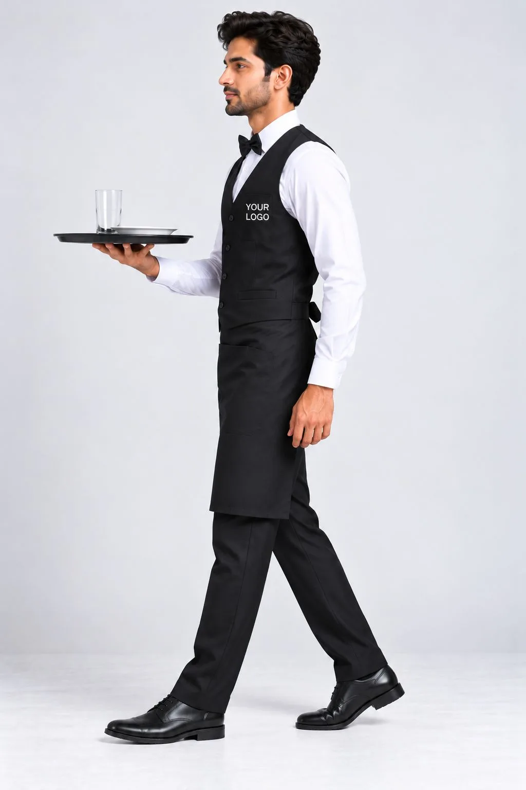 Professional waiter uniform with white shirt, black waistcoat, black apron and bow tie, side view with serving tray