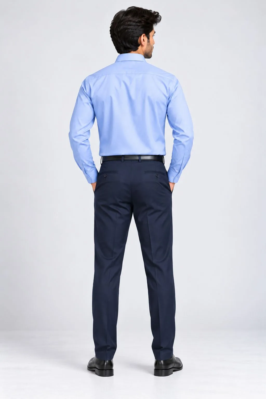 Sky blue formal shirt and navy blue trousers uniform, back view