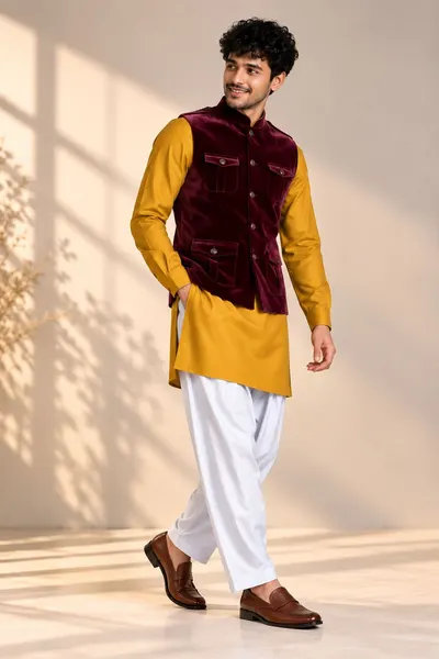 Mustard Kurta Pajama Set with Maroon Velvet Sadri