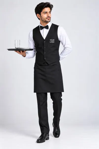 Black Waiter Uniform with Waistcoat, Apron & Custom Logo