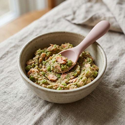 هريس السلمون والبازلاء — baby-led weaning recipe for 6+ months