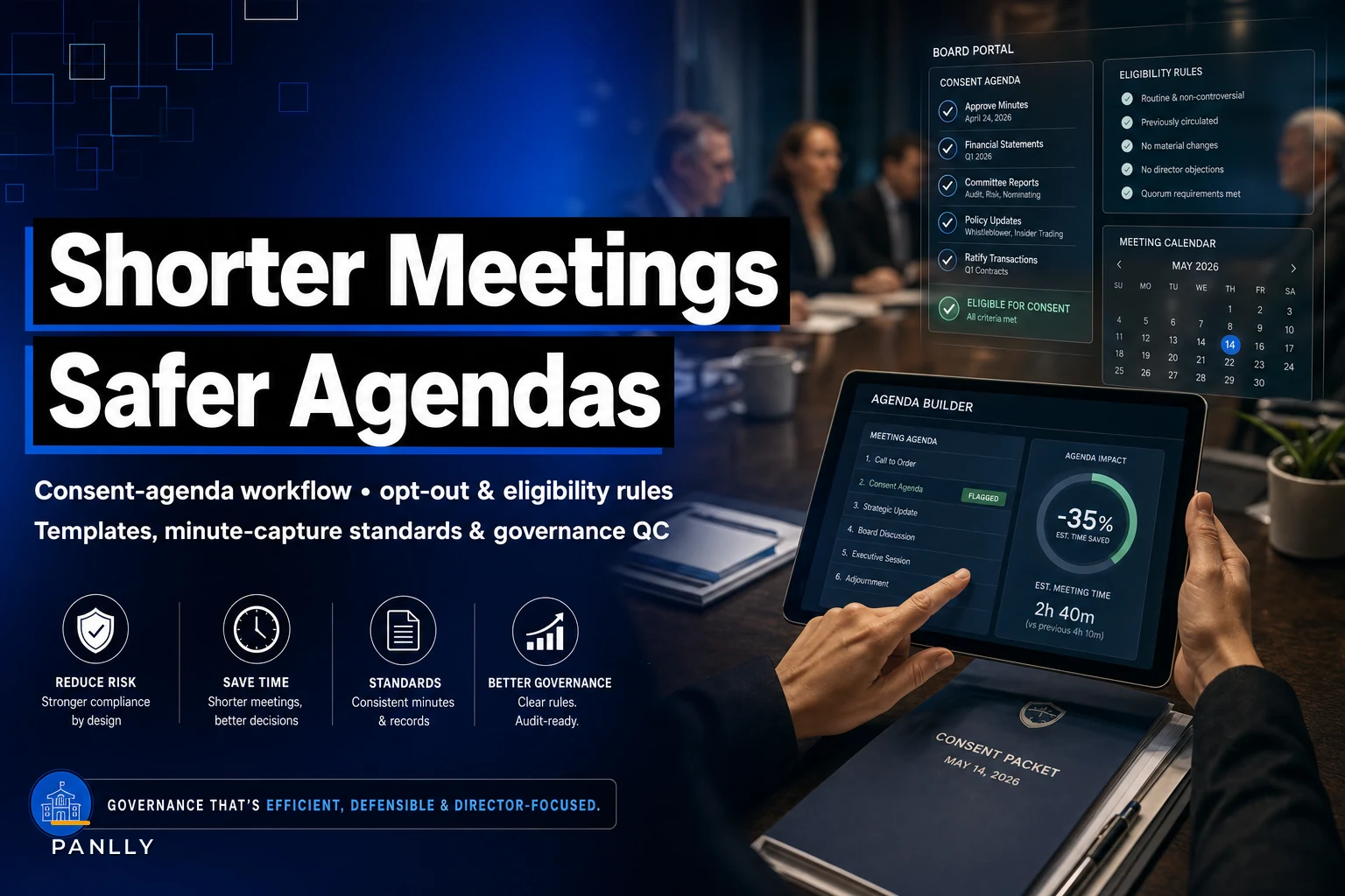 Cut board meeting time with consent-agenda rules that avoid legal risk