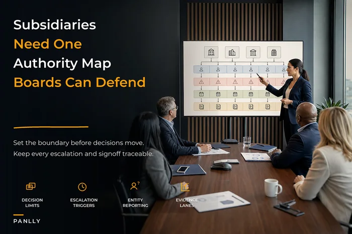 Multi-entity delegated-authority matrix for boards and subsidiary oversight