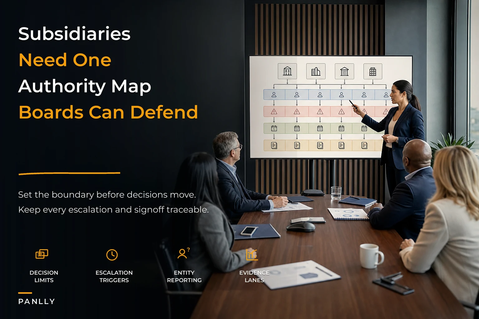 Multi-entity delegated-authority matrix for boards and subsidiary oversight