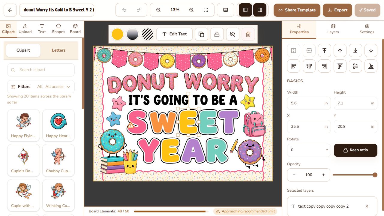 The live BoardCraft editor with a text element selected and its Properties panel showing layout, size, position, rotation, opacity, and layer controls.