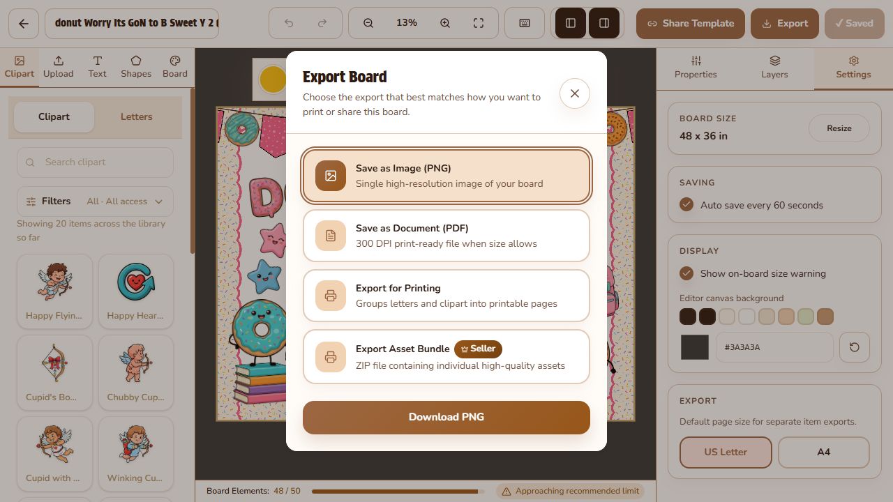The live BoardCraft Export Board dialog with PNG, PDF, Export for Printing, and Seller Asset Bundle choices.