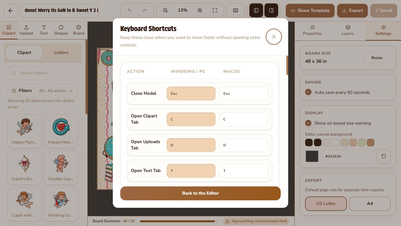 The live BoardCraft Keyboard Shortcuts dialog showing actions and their Windows and macOS keys.