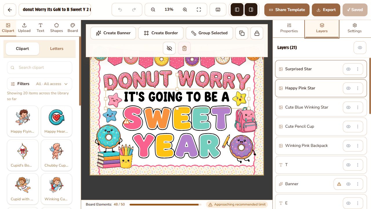 The live BoardCraft editor with two elements selected, selection handles around them, Group Selected in the context toolbar, and both layers highlighted in the Layers panel.