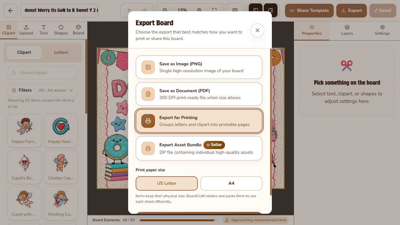 The live BoardCraft Export dialog with Export for Printing selected and US Letter and A4 paper-size options visible.