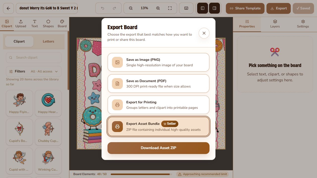 The live BoardCraft Export dialog with the Seller-only Export Asset Bundle selected and Download Asset ZIP button visible.
