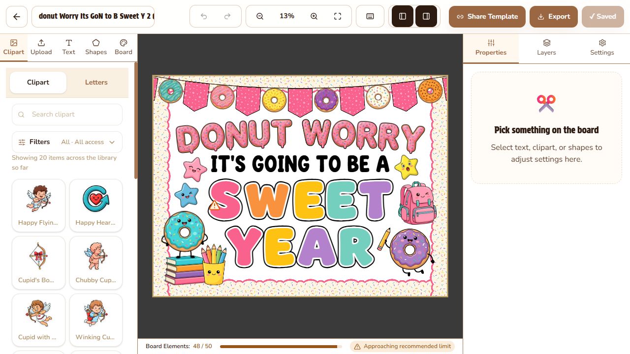 BoardCraft editor with the Upload tab visible beside Clipart, Text, Shapes, and Board
