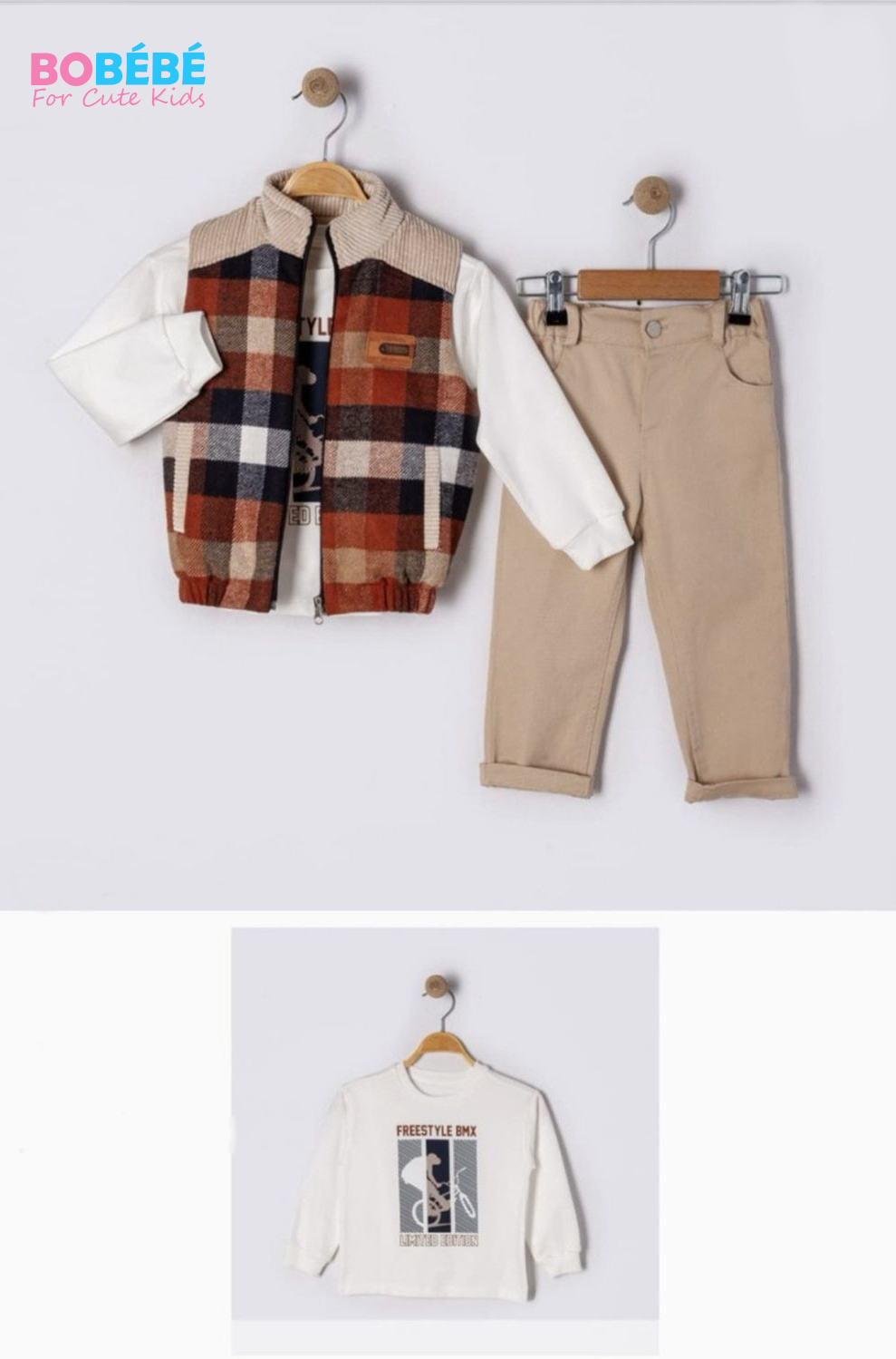 Ensemble garçon 3 pièces (Gilet à carreaux + Sweat + Pantalon)