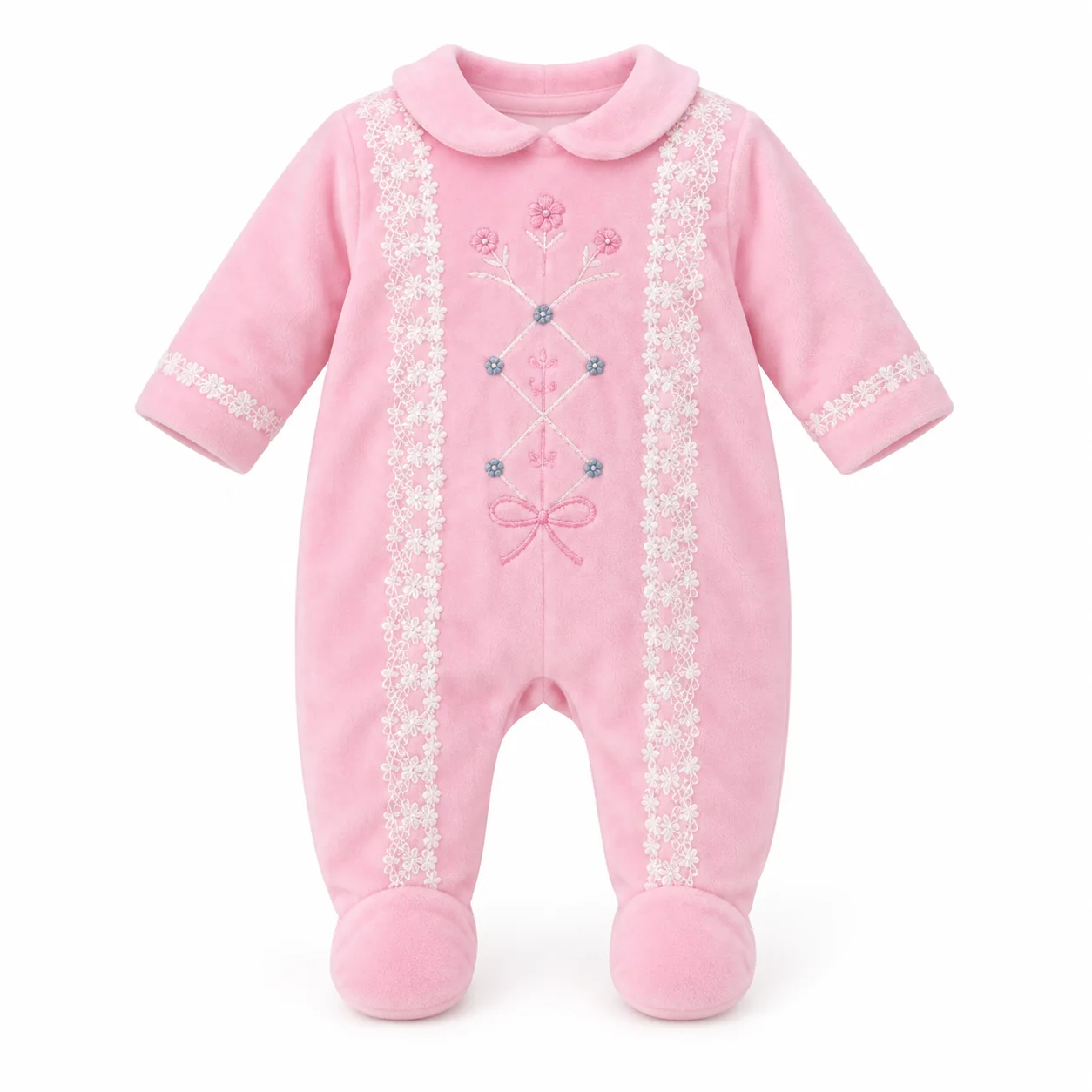 Grenouillère Bébé Fille 0 à 12 Mois Rose en Velours avec Broderies et Col Claudine