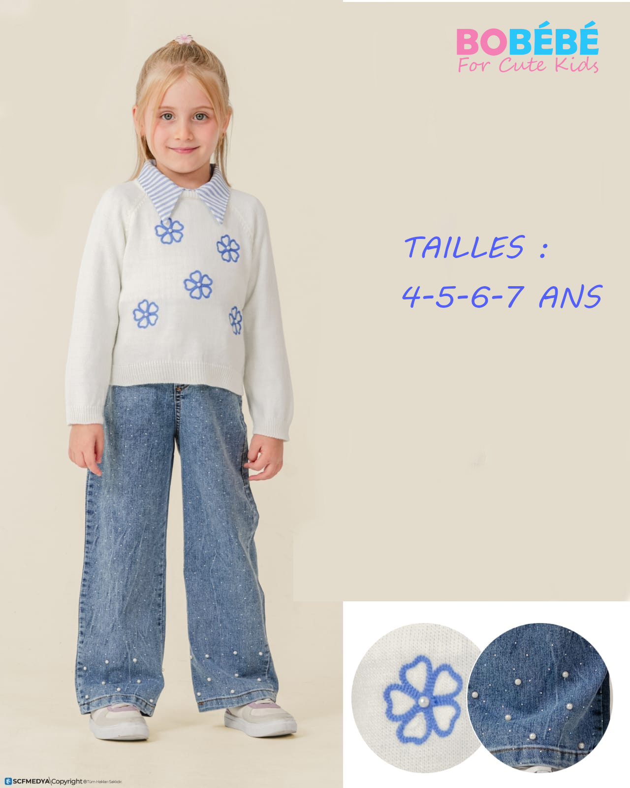 Ensemble Fille 3 Pièces : Pull + Chemise + Jean