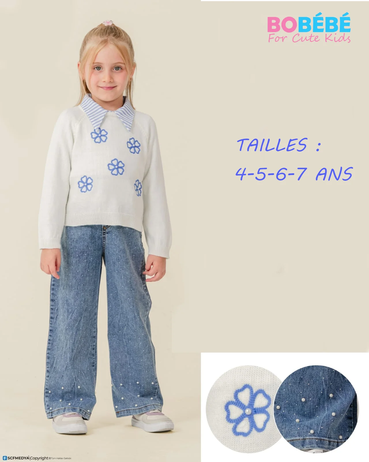 Ensemble Fille 3 Pièces : Pull + Chemise + Jean