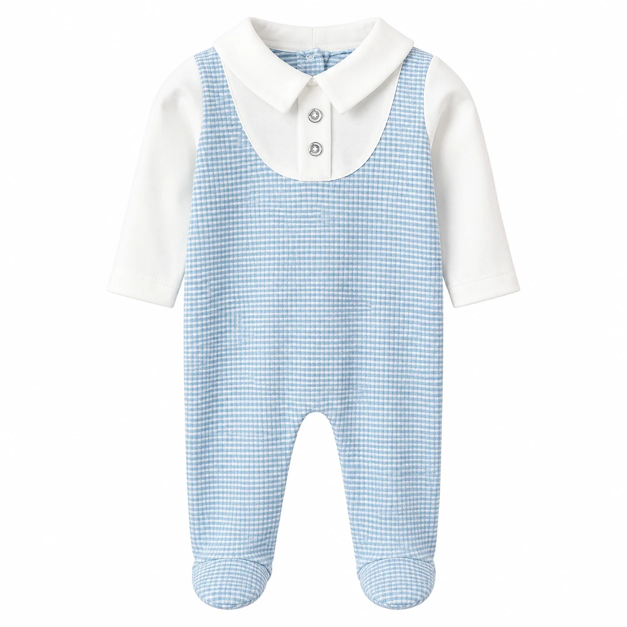 Grenouillère Bébé Garçon 0 à 6 Mois Bleu Ciel à Carreaux avec Col Blanc