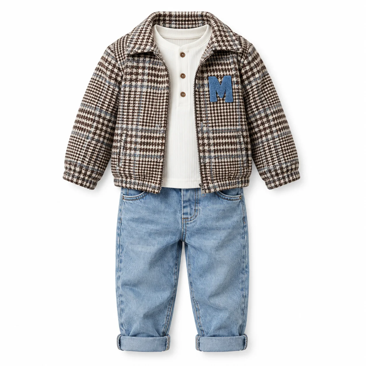Ensemble Garçon 2-5 Ans 3 Pièces avec Veste à Carreaux et Jean Bleu